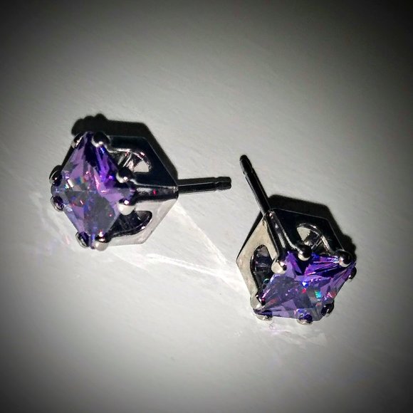 Cubic Ziconia Stud Earrings, Purple - Picture 1 of 6
